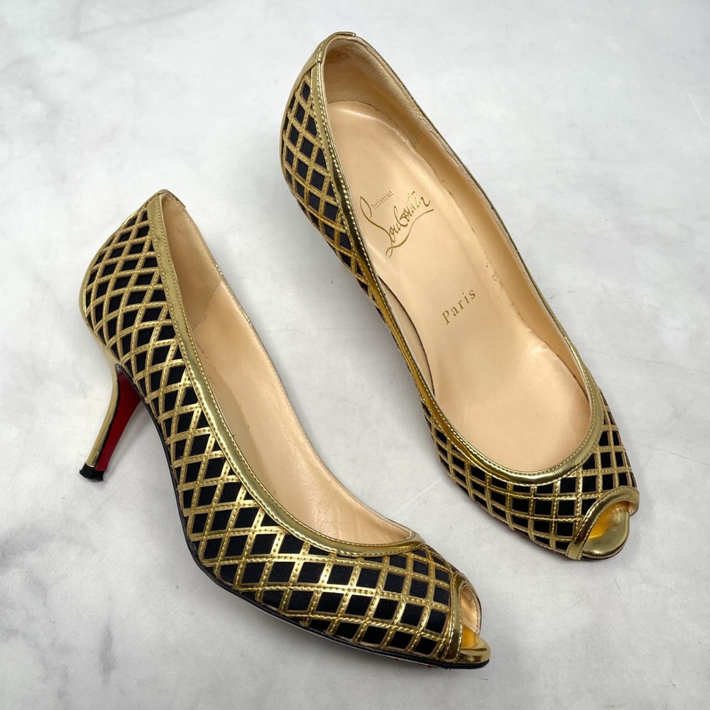 Christian Louboutin Vintage Y2K Treil 70 Metallic Gold Open Toe Kitten Heel 35.5
